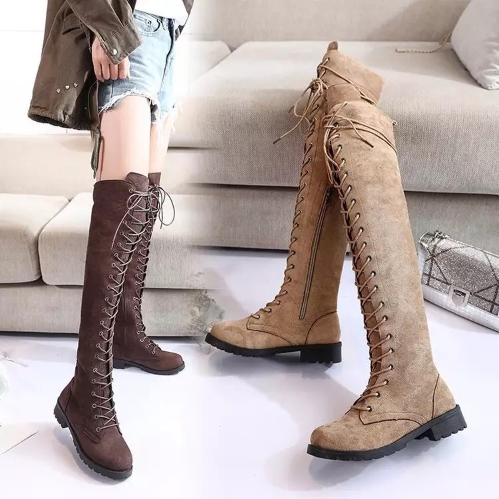 LAST 1️⃣Vegan Suede Tan Over Knee Lace Up Boot - Picture 3 of 6